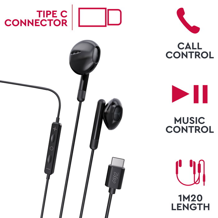 Myway Auriculares Mwhph0033 Negros con Cable y Conexión USB Tipo C