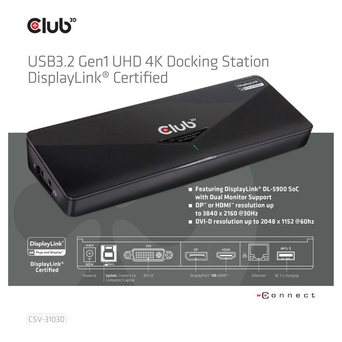 Club 3D Docking Station USB3 4K UHD Negro con 3xUSB3/HDMI/DP/DVI/Ethernet Club 3D Docking Station USB3 4K UHD Negro con 3xUSB3/HDMI/DP/DVI/Ethernet