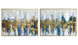 DKD Home Decor Set de 2 Cuadros Lienzo New York 80x60 cm Azul y Dorado