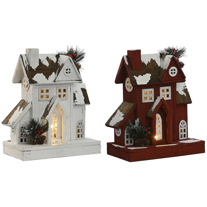 DKD Home Decor Surtido de Casas LED de Madera Blanco y Rojo