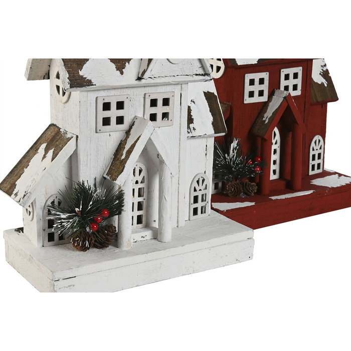 DKD Home Decor Surtido de Casas LED de Madera Blanco y Rojo