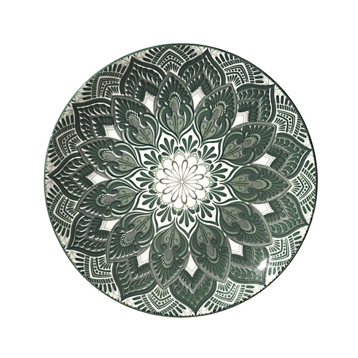 Home Deco Factory Vajilla Porcelana 12 Piezas Mandala Verde - 4 Platos 19cm, 4 Platos 20cm, 4 Platos 27cm - Apto Microondas y Lavavajillas
