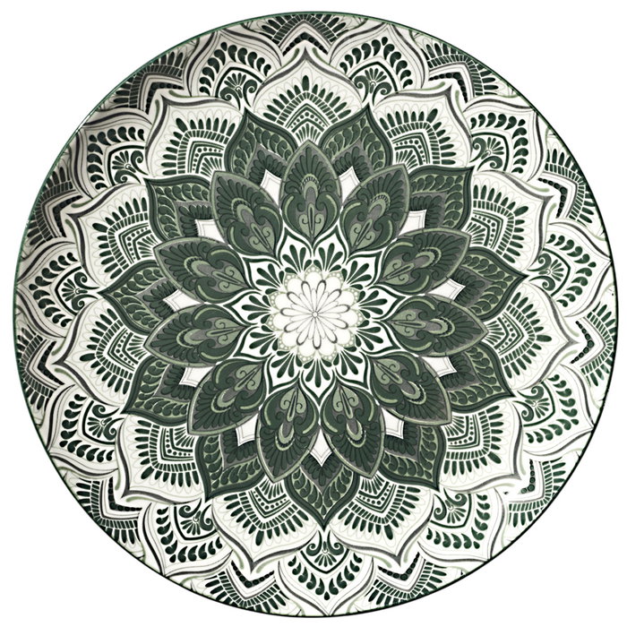 Home Deco Factory Vajilla Porcelana 12 Piezas Mandala Verde - 4 Platos 19cm, 4 Platos 20cm, 4 Platos 27cm - Apto Microondas y Lavavajillas