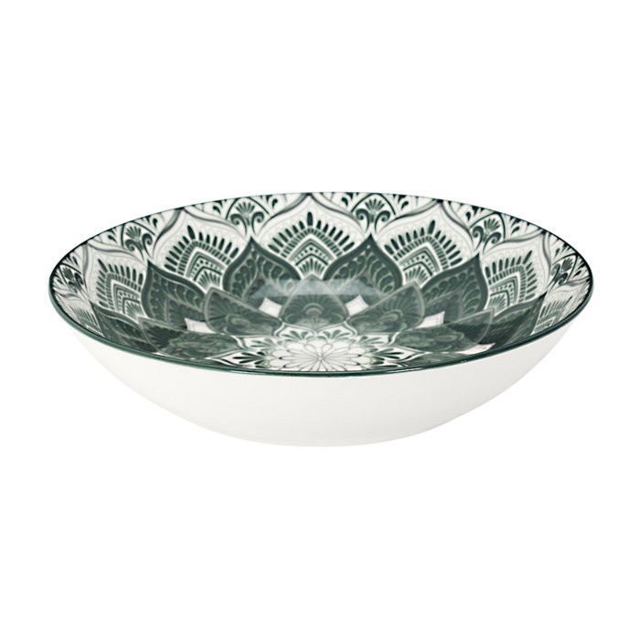 Home Deco Factory Vajilla Porcelana 12 Piezas Mandala Verde - 4 Platos 19cm, 4 Platos 20cm, 4 Platos 27cm - Apto Microondas y Lavavajillas