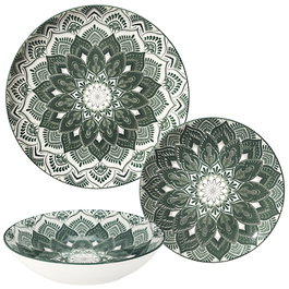 Home Deco Factory Vajilla Porcelana 12 Piezas Mandala Verde - 4 Platos 19cm, 4 Platos 20cm, 4 Platos 27cm - Apto Microondas y Lavavajillas