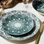 Home Deco Factory Vajilla Porcelana 12 Piezas Mandala Verde - 4 Platos 19cm, 4 Platos 20cm, 4 Platos 27cm - Apto Microondas y Lavavajillas