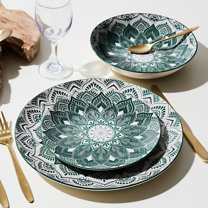 Home Deco Factory Vajilla Porcelana 12 Piezas Mandala Verde - 4 Platos 19cm, 4 Platos 20cm, 4 Platos 27cm - Apto Microondas y Lavavajillas