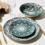 Home Deco Factory Vajilla Porcelana 12 Piezas Mandala Verde - 4 Platos 19cm, 4 Platos 20cm, 4 Platos 27cm - Apto Microondas y Lavavajillas