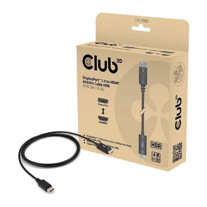 Club 3D Cable Adaptador DisplayPort 1.4 a HDMI Activo HDR 4K 60Hz 2m Retail CAC-1070