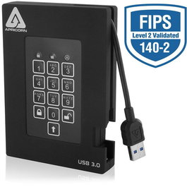 Apricorn Aegis Padlock Fortress Disco Duro Externo 2TB USB 3.0 FIPS 140-2 Nivel 2 Validado, Cifrado AES-256 Hardware, Resistente Agua/Polvo, Llave PIN, Diseño Sin Software