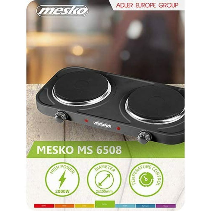 Mesko MS 6509 Hornillo Eléctrico Doble, 2 Zonas de Cocinado 15,5 cm, 2000 W, Negro Mesko MS 6509 Hornillo Eléctrico Doble, 2 Zonas de Cocinado 15,5 cm, 2000 W, Negro