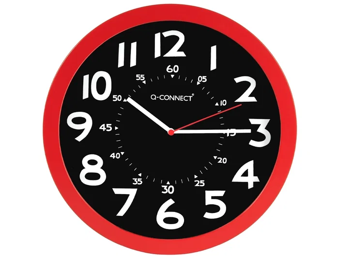Q-connect Reloj de Pared Redondo de Plástico para Oficina, 30 cm, Color Rojo con Esfera Negra