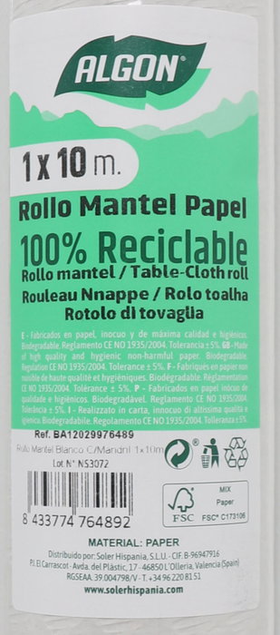 Algon Rollo de Mantel Blanco con Mandril, 12 Unidades de 10 Metros