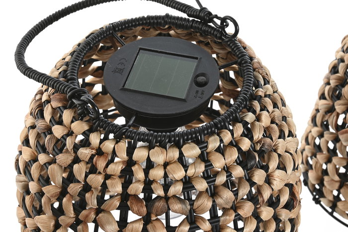 DKD Home Decor Lámpara Solar Terraza y Jardín Marrón Negro Junco LED Set de 3 (2 Unidades) 29 x 35 x 29 cm