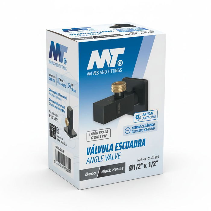 MT Válvula Escuadra Modelo Deco Negro, Mando Cuadrado Antical, Cierre Cerámico ¼ Vuelta, Rosca ½ x ½ Pulgada, Latón y Acero Inoxidable MT Válvula Escuadra Modelo Deco Negro, Mando Cuadrado Antical, Cierre Cerámico ¼ Vuelta, Rosca ½ x ½ Pulgada, Latón y Acero Inoxidable