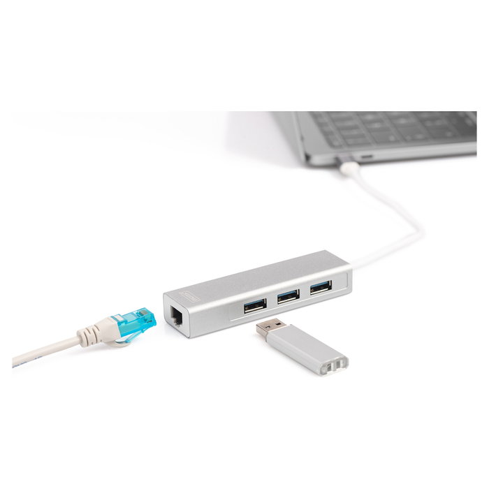 Digitus Adaptador USB 3.0/C a Gigabit Ethernet y Hub de 3 Puertos USB 3.2 Gen 1 Blanco
