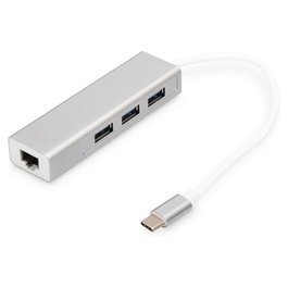 Digitus Adaptador USB 3.0/C a Gigabit Ethernet y Hub de 3 Puertos USB 3.2 Gen 1 Blanco