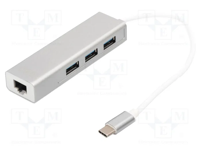 Digitus Hub USB 3.0 Tipo C con 3 Puertos y Gigabit Ethernet DA-70255 Gris, Blanco