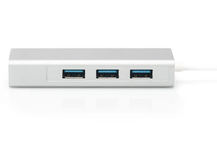Digitus DA-70255 Hub USB 3.2 Gen 1 Type-C con 3 Puertos USB 3.0 y Puerto Gigabit Ethernet RJ-45, Base/Reproductor para Portátil, Plug & Play, Gris y Blanco
