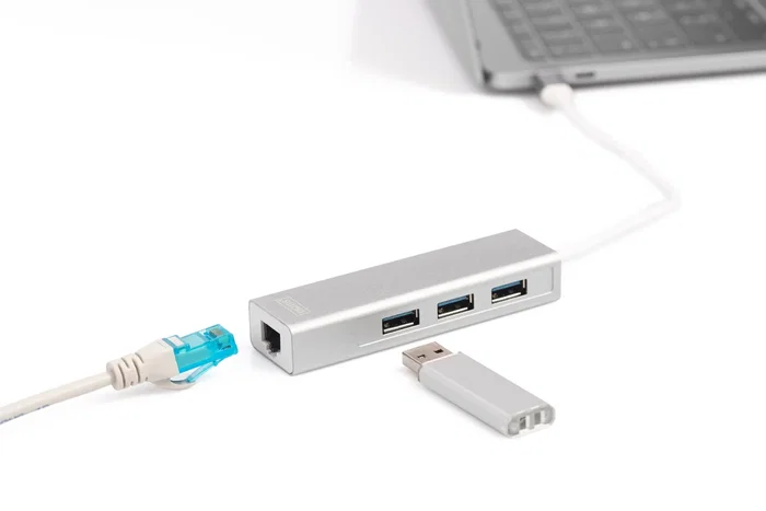 Digitus DA-70255 Hub USB 3.2 Gen 1 Type-C con 3 Puertos USB 3.0 y Puerto Gigabit Ethernet RJ-45, Base/Reproductor para Portátil, Plug & Play, Gris y Blanco
