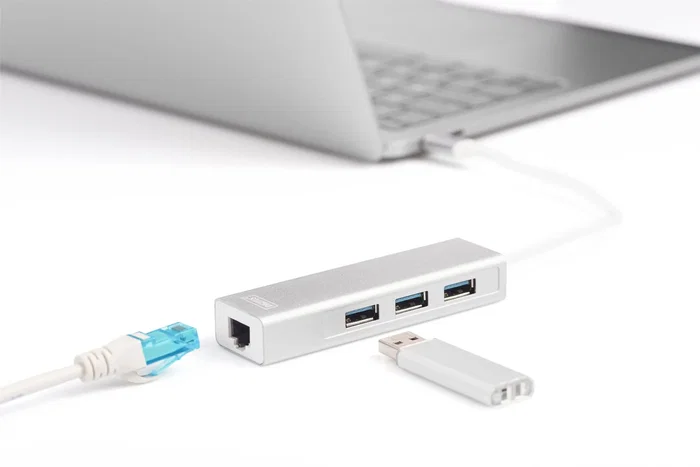 Digitus DA-70255 Hub USB 3.2 Gen 1 Type-C con 3 Puertos USB 3.0 y Puerto Gigabit Ethernet RJ-45, Base/Reproductor para Portátil, Plug & Play, Gris y Blanco