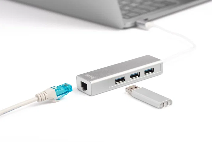 Digitus DA-70255 Hub USB 3.2 Gen 1 Type-C con 3 Puertos USB 3.0 y Puerto Gigabit Ethernet RJ-45, Base/Reproductor para Portátil, Plug & Play, Gris y Blanco