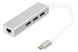 Digitus DA-70255 Hub USB 3.2 Gen 1 Type-C con 3 Puertos USB 3.0 y Puerto Gigabit Ethernet RJ-45, Base/Reproductor para Portátil, Plug & Play, Gris y Blanco