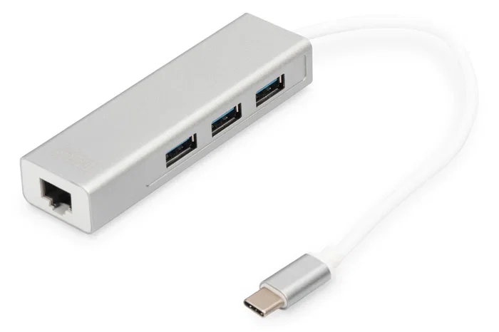 Digitus DA-70255 Hub USB 3.2 Gen 1 Type-C con 3 Puertos USB 3.0 y Puerto Gigabit Ethernet RJ-45, Base/Reproductor para Portátil, Plug & Play, Gris y Blanco