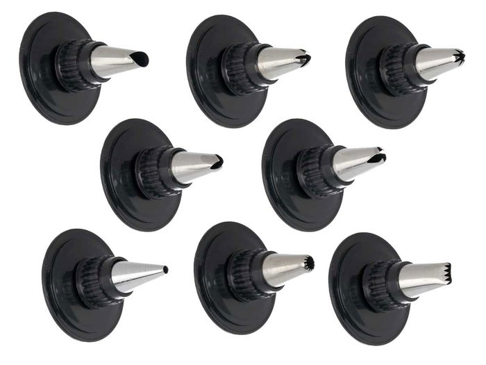 Kinvara Manga Pastelera Pistola Acero Inoxidable con 16 Accesorios y Partes de Plástico Negro, Dimensiones 22x6x15 cm (Set de 8)