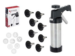 Kinvara Manga Pastelera Pistola Acero Inoxidable con 16 Accesorios y Partes de Plástico Negro, Dimensiones 22x6x15 cm (Set de 8)