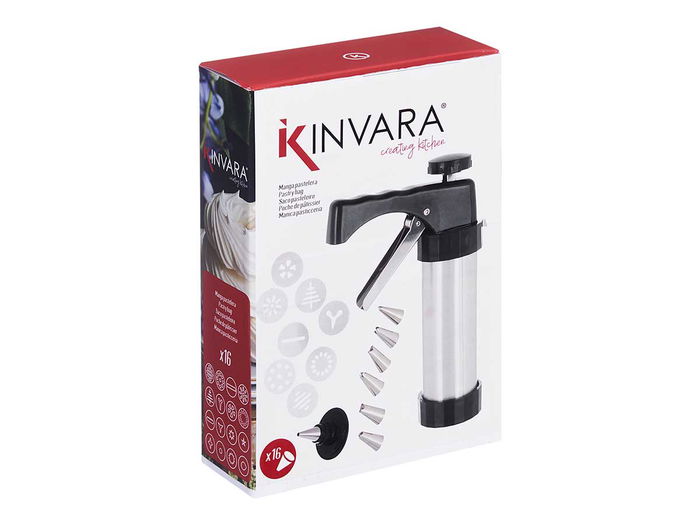 Kinvara Manga Pastelera Pistola Acero Inoxidable con 16 Accesorios y Partes de Plástico Negro, Dimensiones 22x6x15 cm (Set de 8)