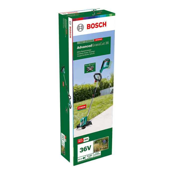 Bosch AdvancedGrassCut 36 - Cortabordes a Batería de 36V, 30 cm de Corte, Hilo de Nylon de 1.6 mm, Empuñadura en D, Sin Cables, Negro/Verde/Plata