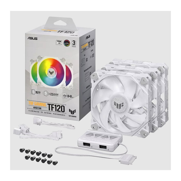 ASUS TUF GAMING TF120 ARGB Ventilador para PC 120mm, 3-Pack, Blanco, PWM, Controlador Incluido - Edición Blanca