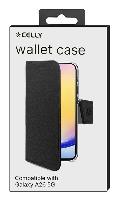 Celly Funda cartera para Samsung Galaxy A26 5G y Enterprise Edition, 17 cm (6.7"), imitación piel, negro, con soporte y bolsillos para tarjetas