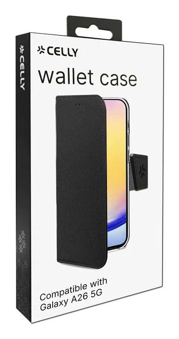 Celly Funda cartera para Samsung Galaxy A26 5G y Enterprise Edition, 17 cm (6.7"), imitación piel, negro, con soporte y bolsillos para tarjetas