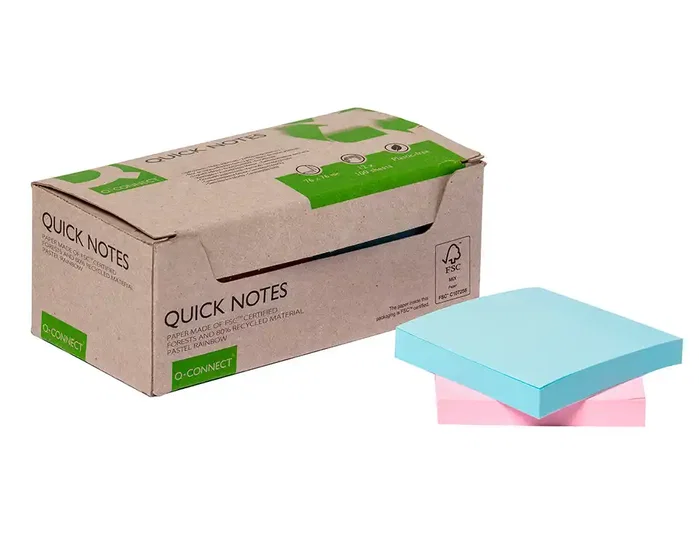 Q-connect Bloc de Notas Adhesivas Quita y Pon 76x76 mm Papel 100% Reciclado Colores Pasteles en Caja de Cartón