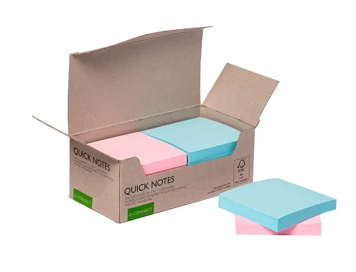 Q-connect Bloc de Notas Adhesivas Quita y Pon 76x76 mm Papel 100% Reciclado Colores Pasteles en Caja de Cartón