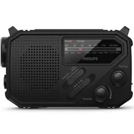Philips Radio Portátil TAR1609/00 Negra con Linterna SOS, Carga Solar y Manivela, Batería Integrada y Sintonización FM/AM Analógica para Exteriores