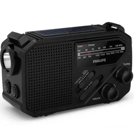 Philips Radio Portátil TAR1609/00 Negra con Linterna SOS, Carga Solar y Manivela, Batería Integrada y Sintonización FM/AM Analógica para Exteriores Philips Radio Portátil TAR1609/00 Negra con Linterna SOS, Carga Solar y Manivela, Batería Integrada y Sintonización FM/AM Analógica para Exteriores