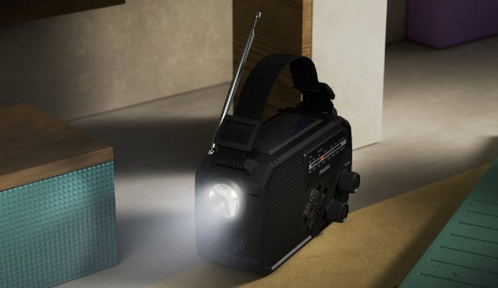 PHILIPS Radio AC/DC Recargable con Linterna, Energía Solar, Dinamo y Carga por USB, Multifunción Portátil para Emergencias y Acampada