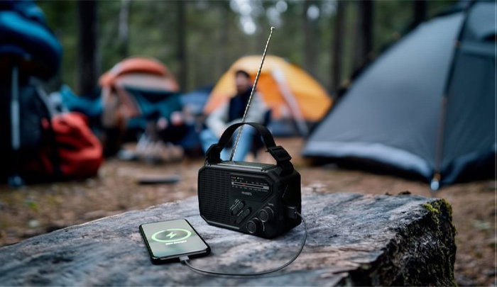 PHILIPS Radio AC/DC Recargable con Linterna, Energía Solar, Dinamo y Carga por USB, Multifunción Portátil para Emergencias y Acampada