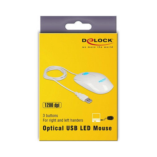 DeLOCK Ratón Óptico USB 3 Botones Blanco Ambidiestro 1200 DPI Iluminación LED Plug and Play para PC y Mac, Ref. 12537