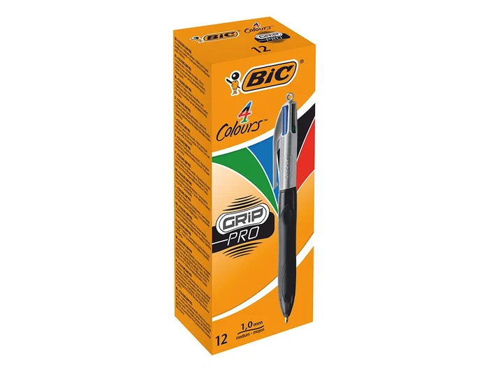 Bic Bolígrafo 4 Colores Retráctil con Grip Ergonómico, Punta 1 mm, Trazo 0,32 mm, 8 km de Escritura, Color Negro