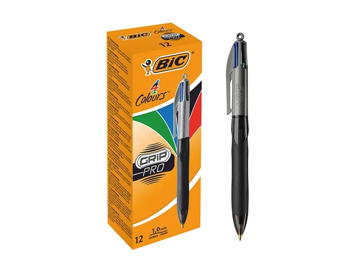 Bic Bolígrafo 4 Colores Retráctil con Grip Ergonómico, Punta 1 mm, Trazo 0,32 mm, 8 km de Escritura, Color Negro
