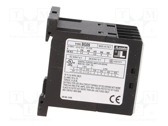 LOVATO ELECTRIC Contactor BG 3-polar 9A 230VAC