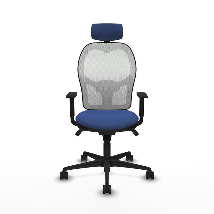 Silla de oficina Jorquera con mecanismo Sincro tapizada con Tela color Azul marino y malla color Blanco. Equipada con lumbar 1D, Brazos 1D, Cabecero 2D y Ruedas 65mm nailon Silla de oficina Jorquera con mecanismo Sincro tapizada con Tela color Azul marino y malla color Blanco. Equipada con lumbar 1D, Brazos 1D, Cabecero 2D y Ruedas 65mm nailon