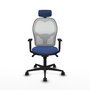 Silla de oficina Jorquera con mecanismo Sincro tapizada con Tela color Azul marino y malla color Blanco. Equipada con lumbar 1D, Brazos 1D, Cabecero 2D y Ruedas 65mm nailon
