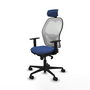 Silla de oficina Jorquera con mecanismo Sincro tapizada con Tela color Azul marino y malla color Blanco. Equipada con lumbar 1D, Brazos 1D, Cabecero 2D y Ruedas 65mm nailon