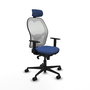 Silla de oficina Jorquera con mecanismo Sincro tapizada con Tela color Azul marino y malla color Blanco. Equipada con lumbar 1D, Brazos 1D, Cabecero 2D y Ruedas 65mm nailon
