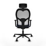 Silla de oficina Jorquera con mecanismo Sincro tapizada con Tela color Azul marino y malla color Blanco. Equipada con lumbar 1D, Brazos 1D, Cabecero 2D y Ruedas 65mm nailon